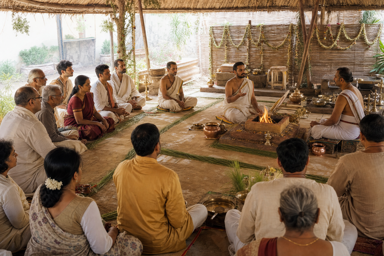 Seated visitors listen silently while a designated priest responds to an officiant beside the yajna fire.