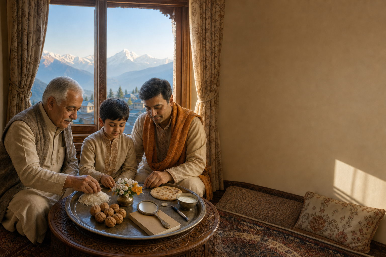 A multigenerational Kashmiri Pandit family gathers around a Navreh thaal beside a window at dawn.
