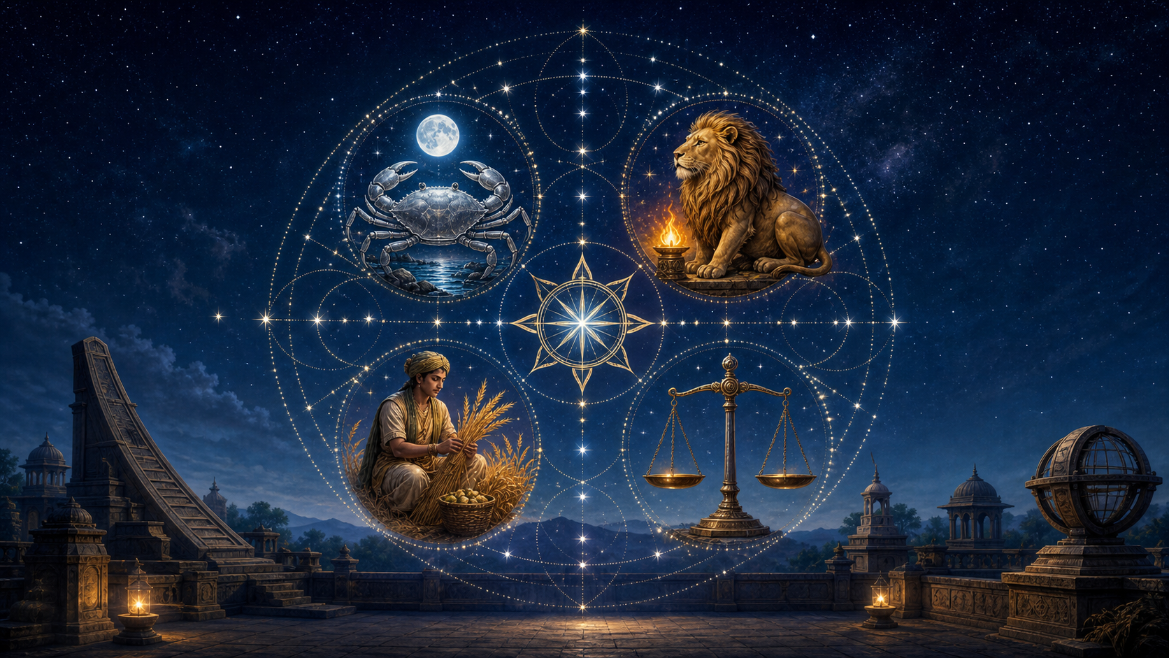 A star-filled celestial circle above a stone observatory, surrounded by a crab, lion, harvest figure, and balanced scales.