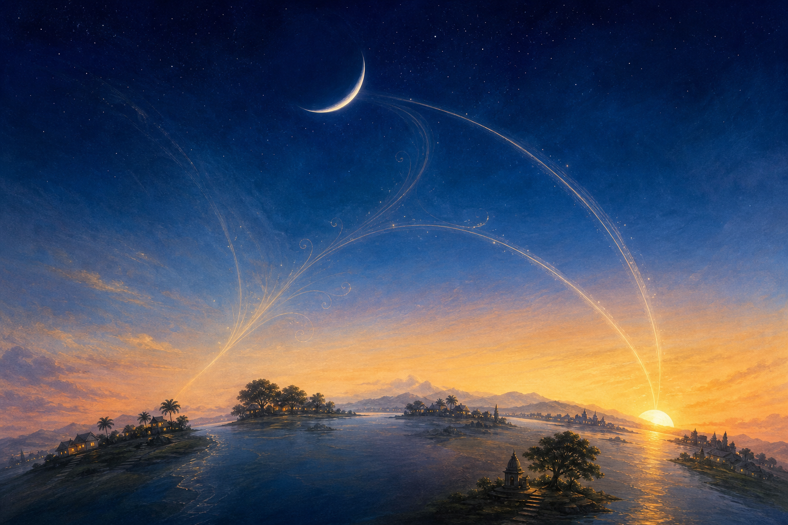 An illustrated sunrise horizon shows the Sun and waxing Moon above several distant landscapes.