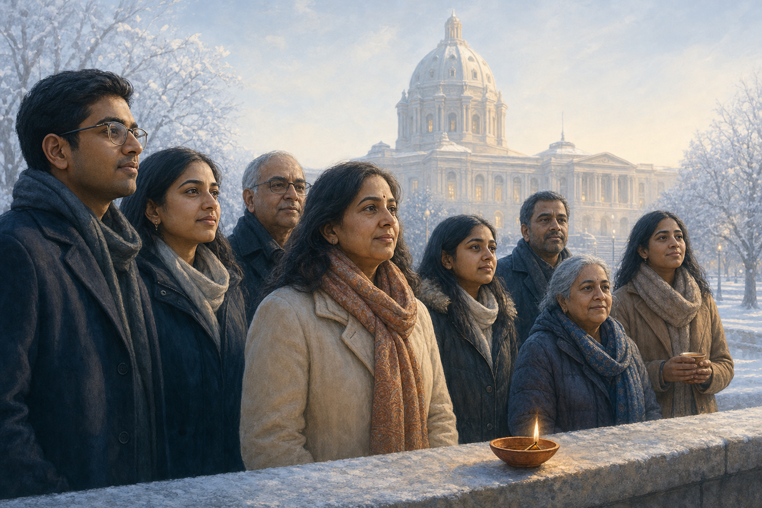 A diverse group of Hindu Minnesotans stands in a snowy civic plaza near a softly lit legislative building and a small clay lamp.