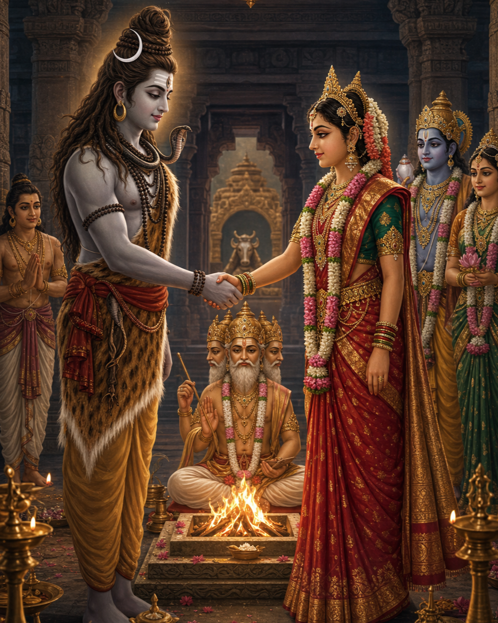 Shiva takes Parvati's right hand in a temple wedding rite as Brahma officiates beside the sacred fire and divine attendants stand behind them.