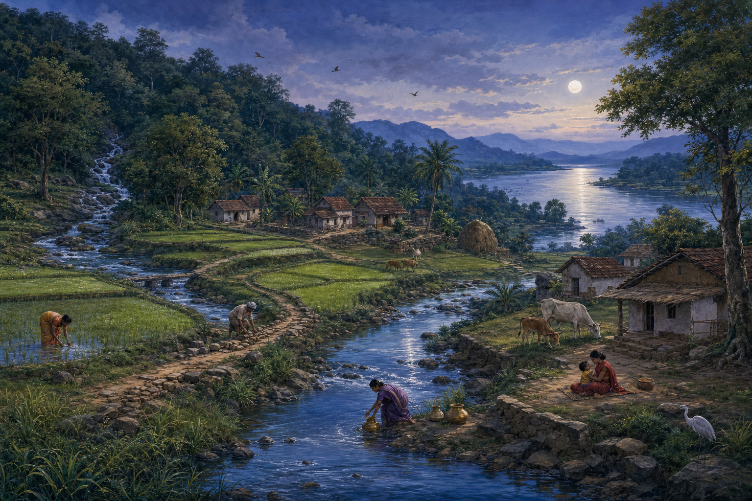 A river links forested hills, fields, homes, people, livestock, and birds in a balanced rural landscape at early evening.