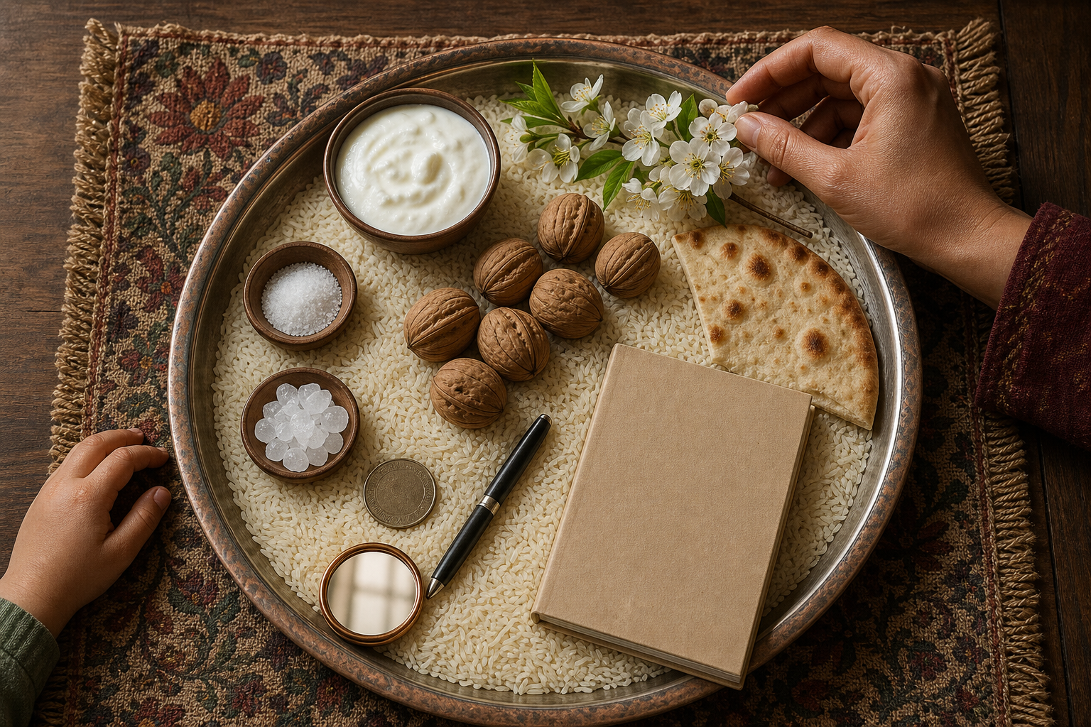 A Navreh thaal contains rice, walnuts, flowers, yogurt, bread, salt, sugar candy, a coin, a pen, a mirror, and a closed almanac.