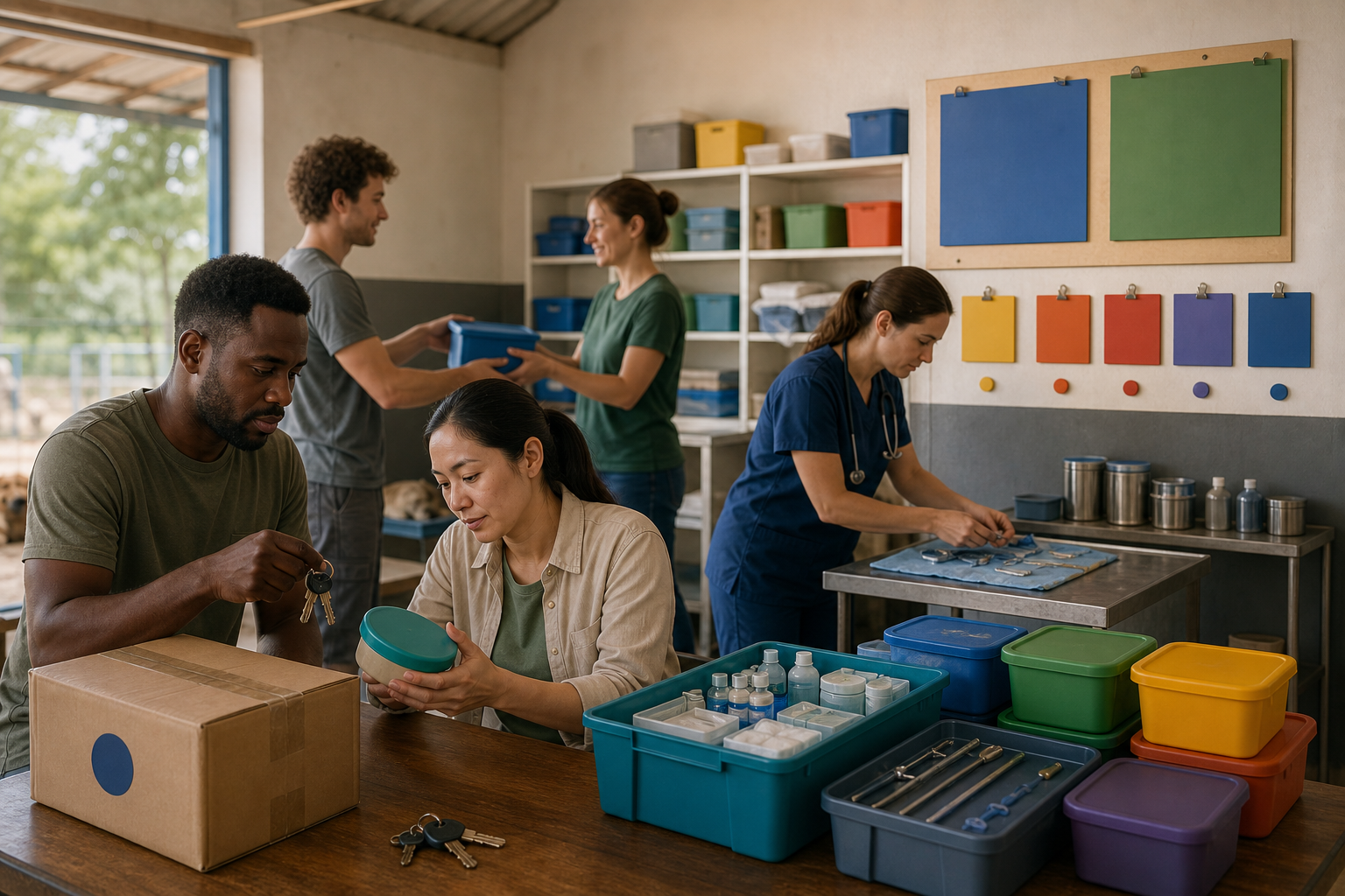 Volunteers and coordinators jointly check supplies and equipment in an organized community care center.
