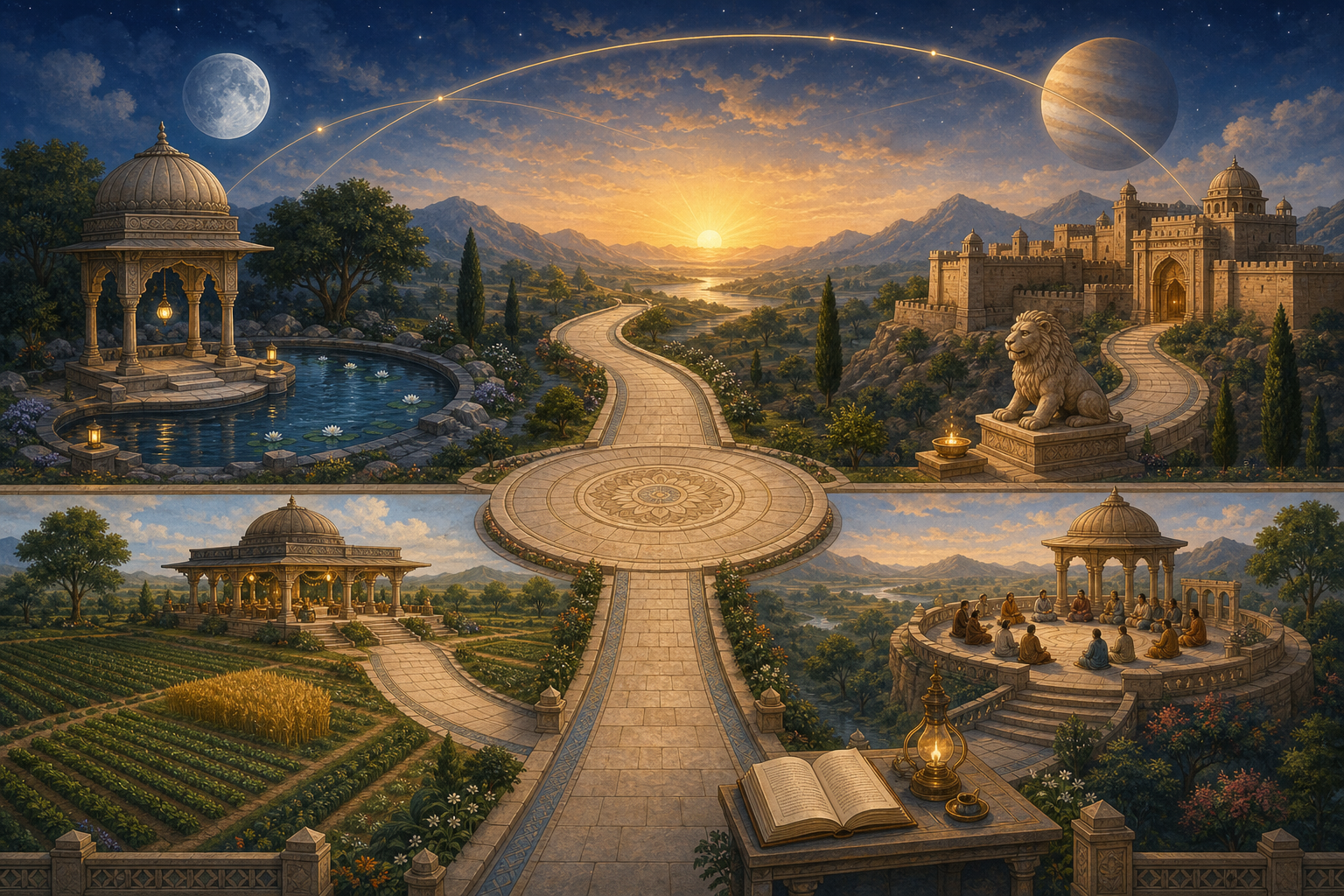 Four unlabeled paths radiate from a circular plaza toward water, a protected home, fields and a pavilion, and a public terrace.