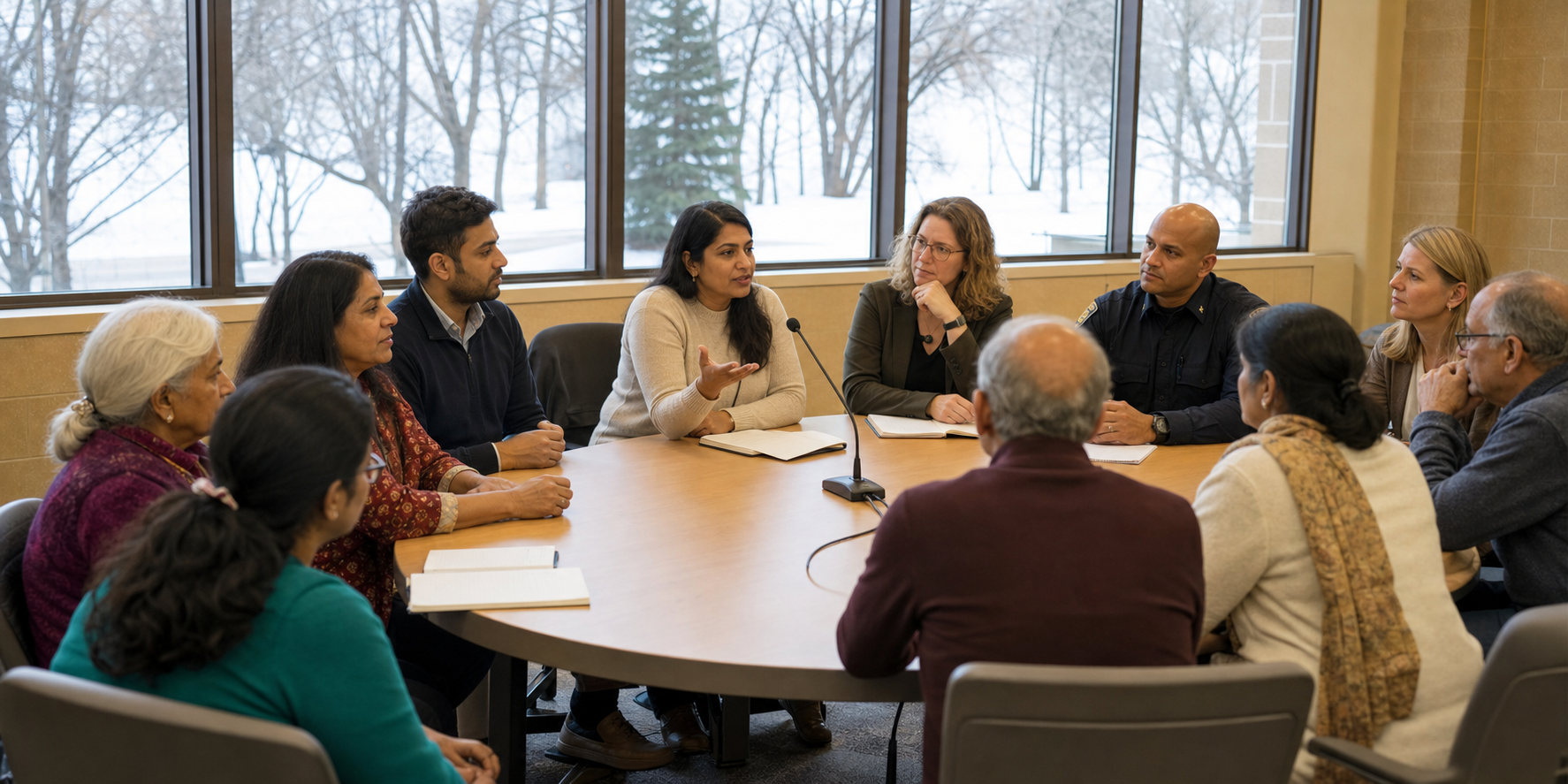 Hindu residents and Minnesota institutional representatives listen to a speaker during a public meeting in a winter-lit room.