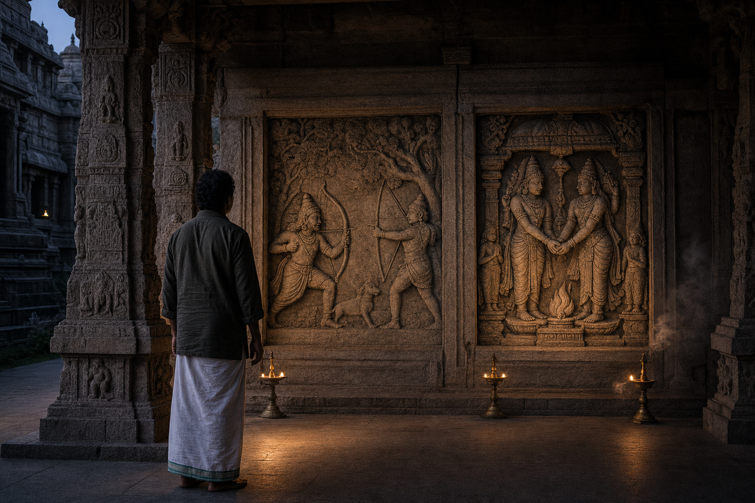 A visitor pauses before adjacent Tamil temple panels depicting Shiva as a hunter and the handclasp at Shiva and Parvati's wedding.