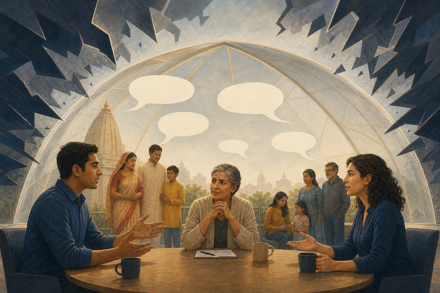 Two people debate across a moderated table while a translucent canopy protects Hindu residents from abstract jagged shapes without closing the forum.