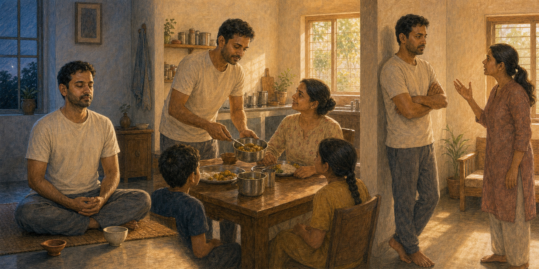 One continuous household scene shows an adult meditating at dawn, preparing food with family, and listening calmly during a difficult conversation.