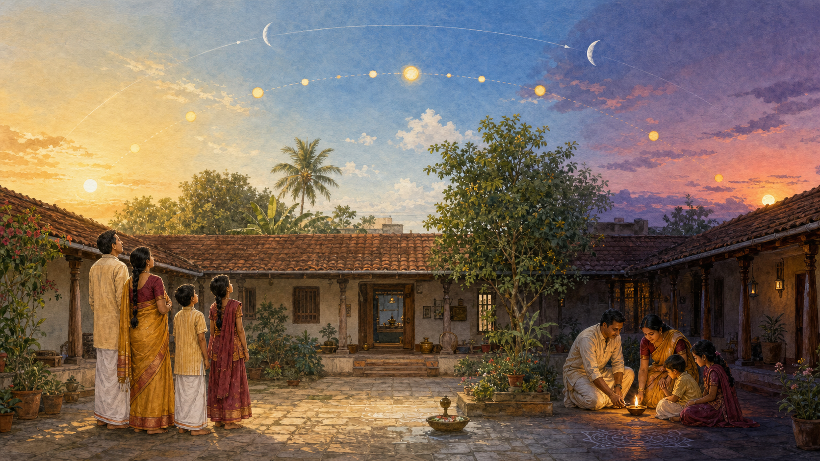 A continuous panorama follows the Sun and waxing Moon from sunrise to evening above a family courtyard.