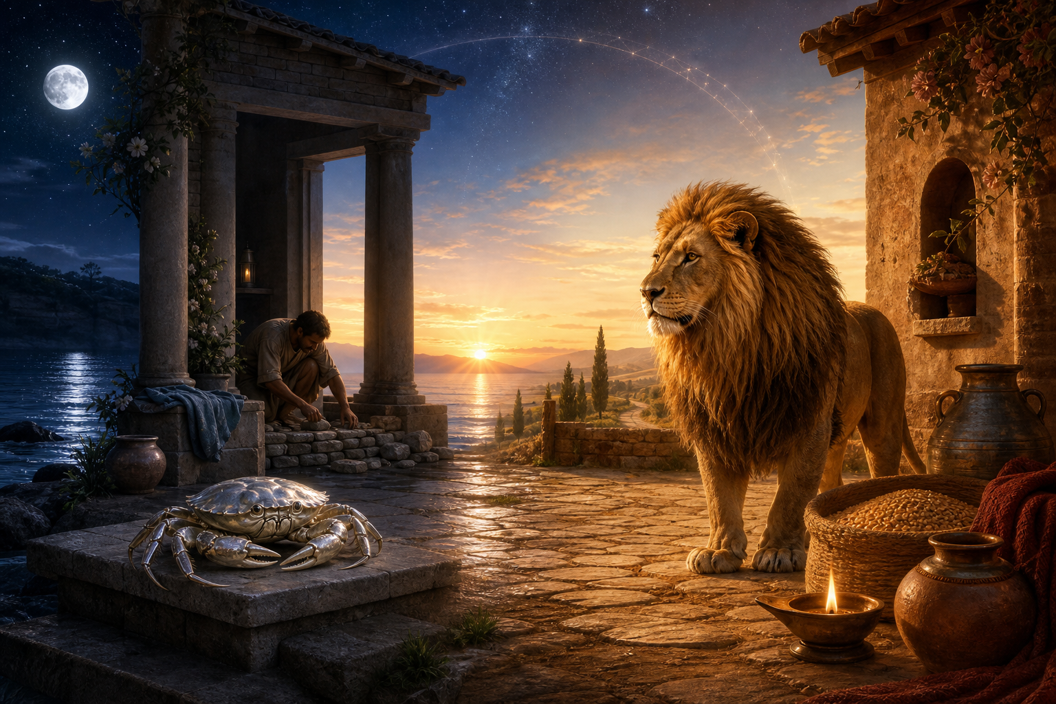 A crab beside a repaired moonlit sanctuary and a lion guarding a secure courtyard with stored grain and a steady lamp.