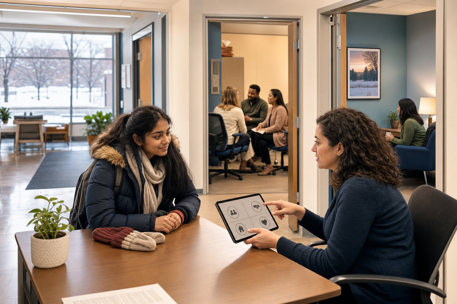 A student reports an incident at an accessible community service desk while support staff coordinate in nearby rooms.
