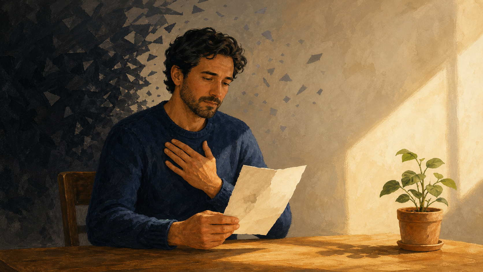 A person at a wooden desk calmly examines an imperfect sheet of paper as a dark tangle of shadows dissolves behind them in warm morning light.