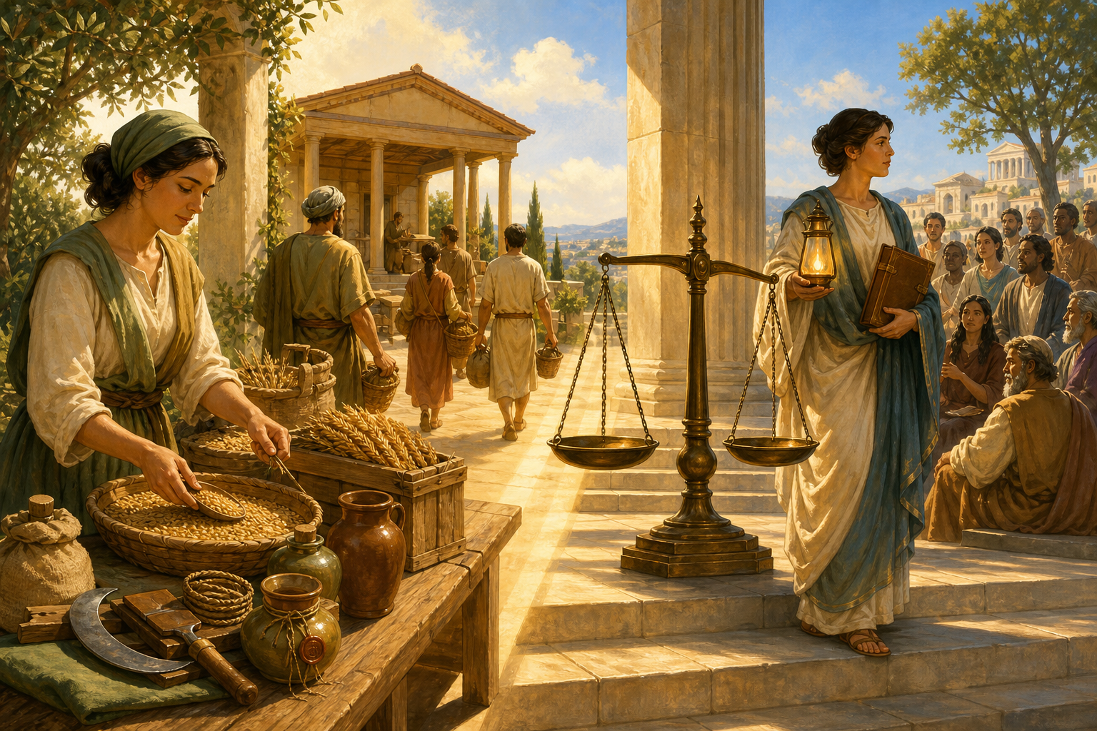 An organized harvest scene with collaborators appears beside balanced scales and a figure approaching a public gathering with a lamp and manuscript.