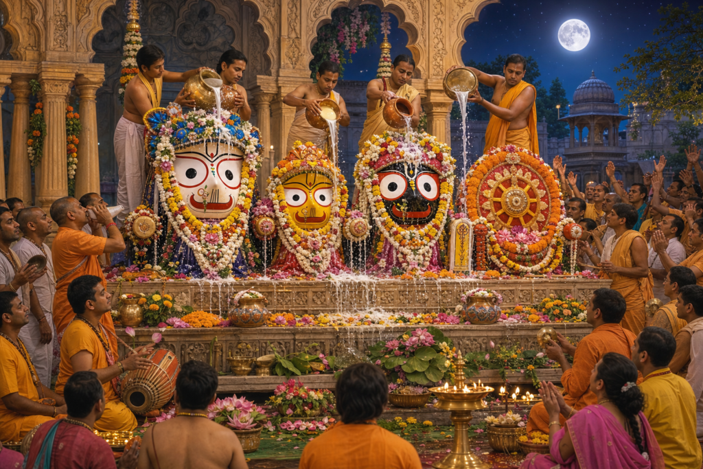 Jagannatha Snana Yatra ceremony with Lord Jagannath, Balabhadra, Subhadra and Sudarshana in a Vrindavan temple courtyard
