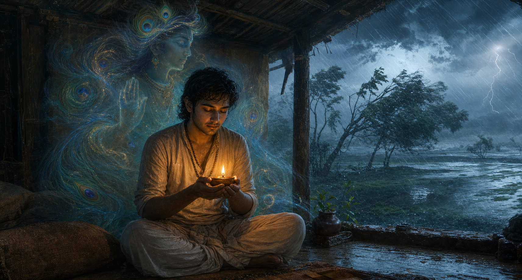 A devotee cups a steady oil lamp near the heart inside an open shelter as a monsoon storm rages and a blue-gold protective presence appears behind them.