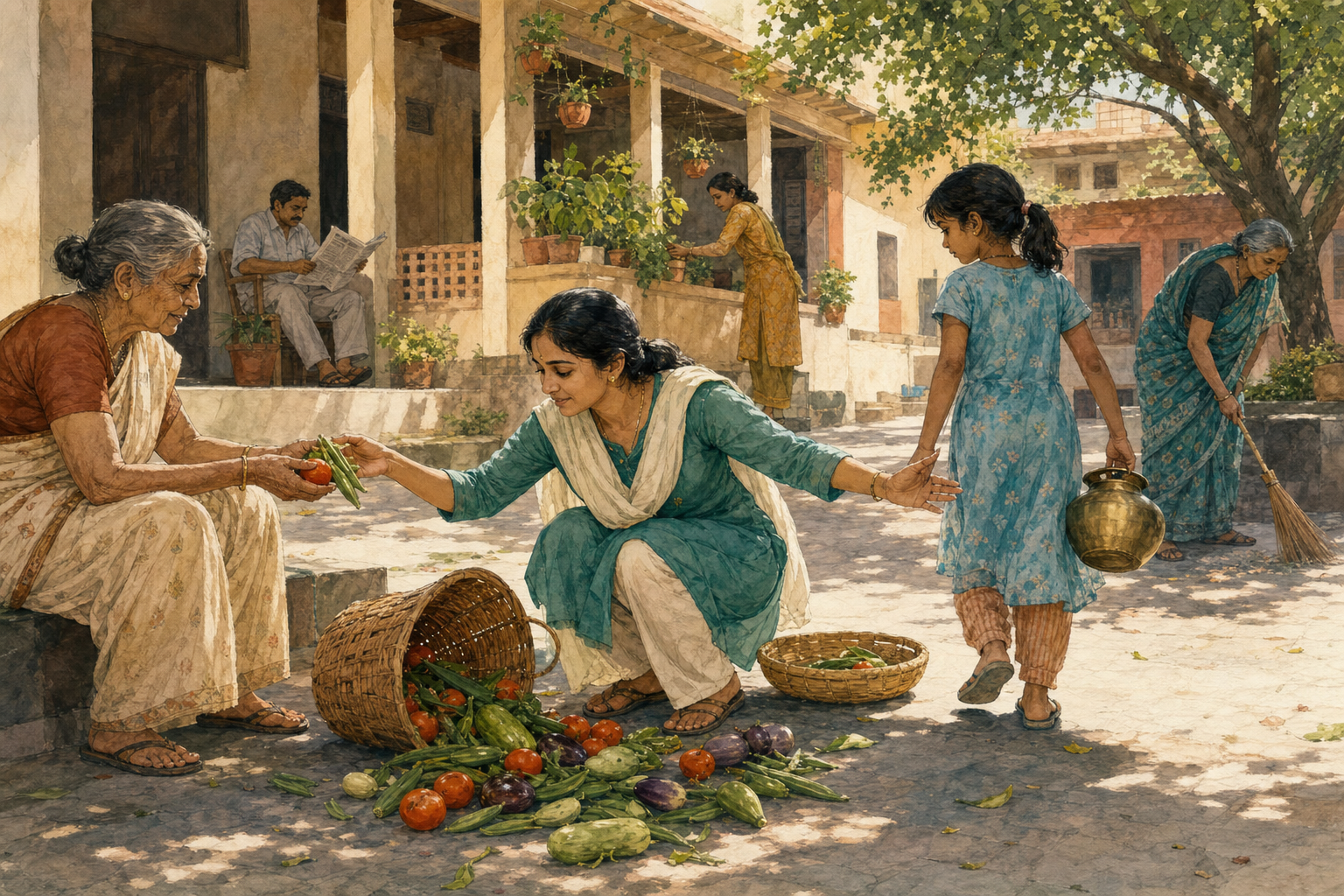 An adult calmly gathers vegetables from an overturned basket and shares them with an older neighbor in a community courtyard.