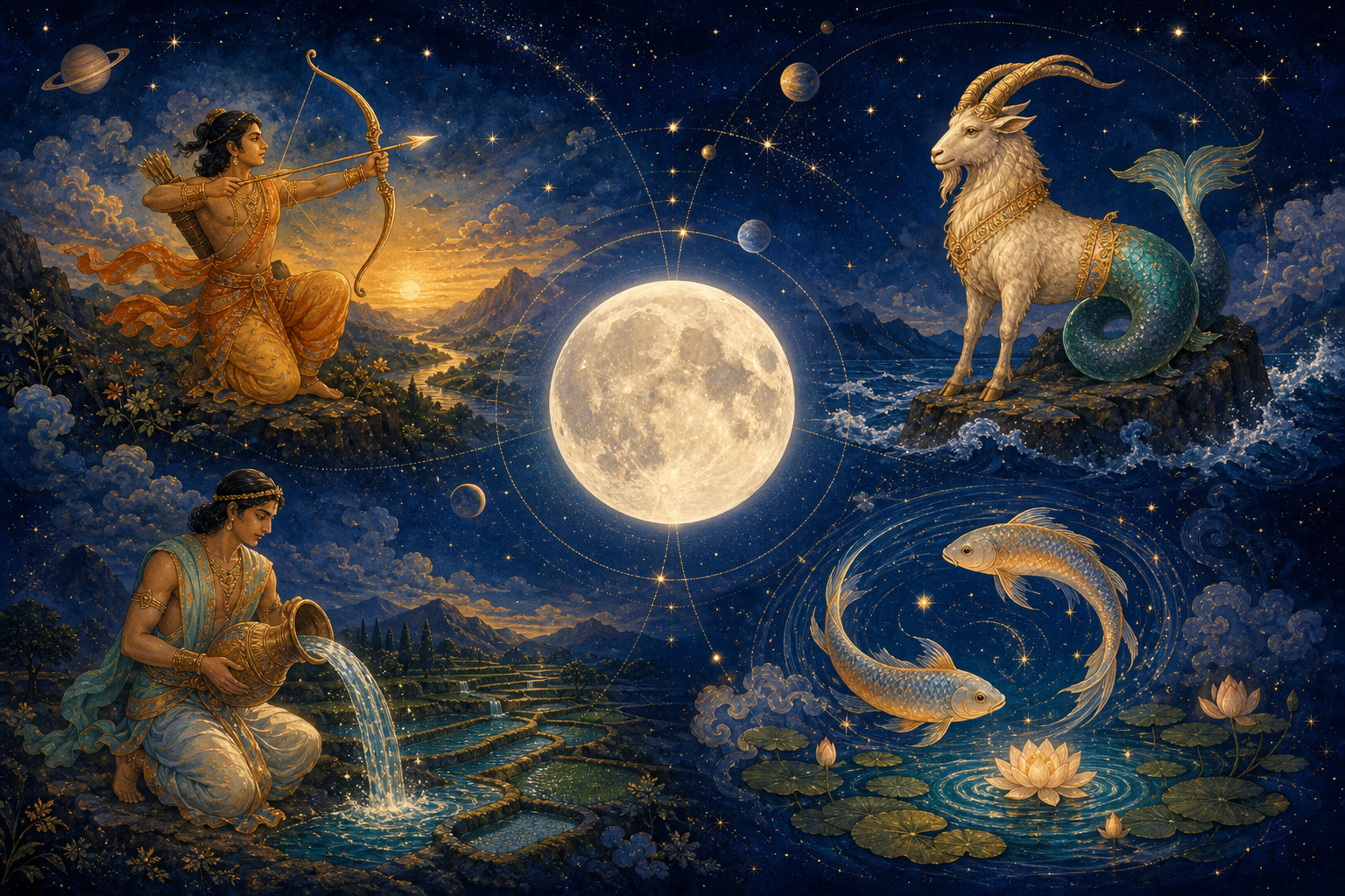 A glowing full Moon surrounded by an archer, a sea-goat, a water bearer, and two fish in an indigo celestial landscape.