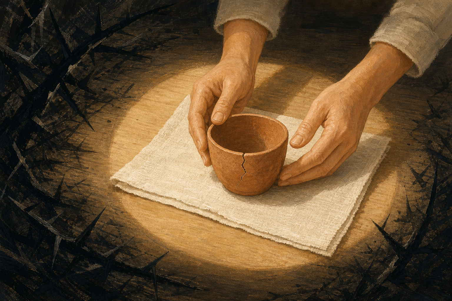 Two hands set a cracked clay cup in a pool of warm light while dark thornlike shapes remain outside it.