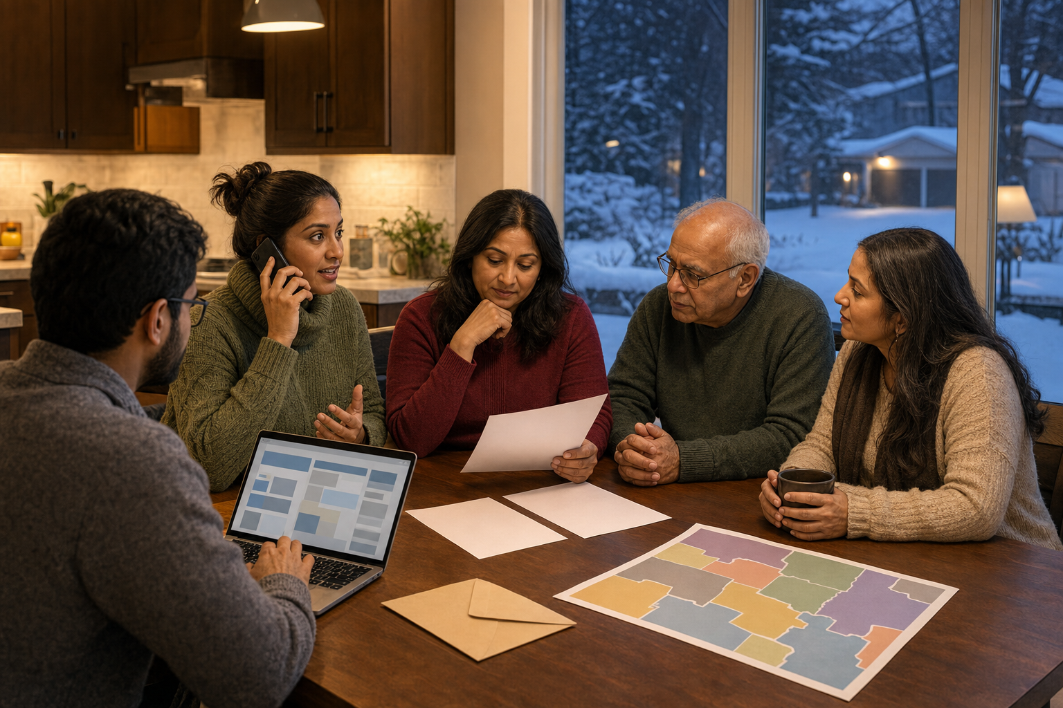 A multigenerational family and a neighbor use a phone, laptop, and blank papers at a kitchen table to contact public officials.