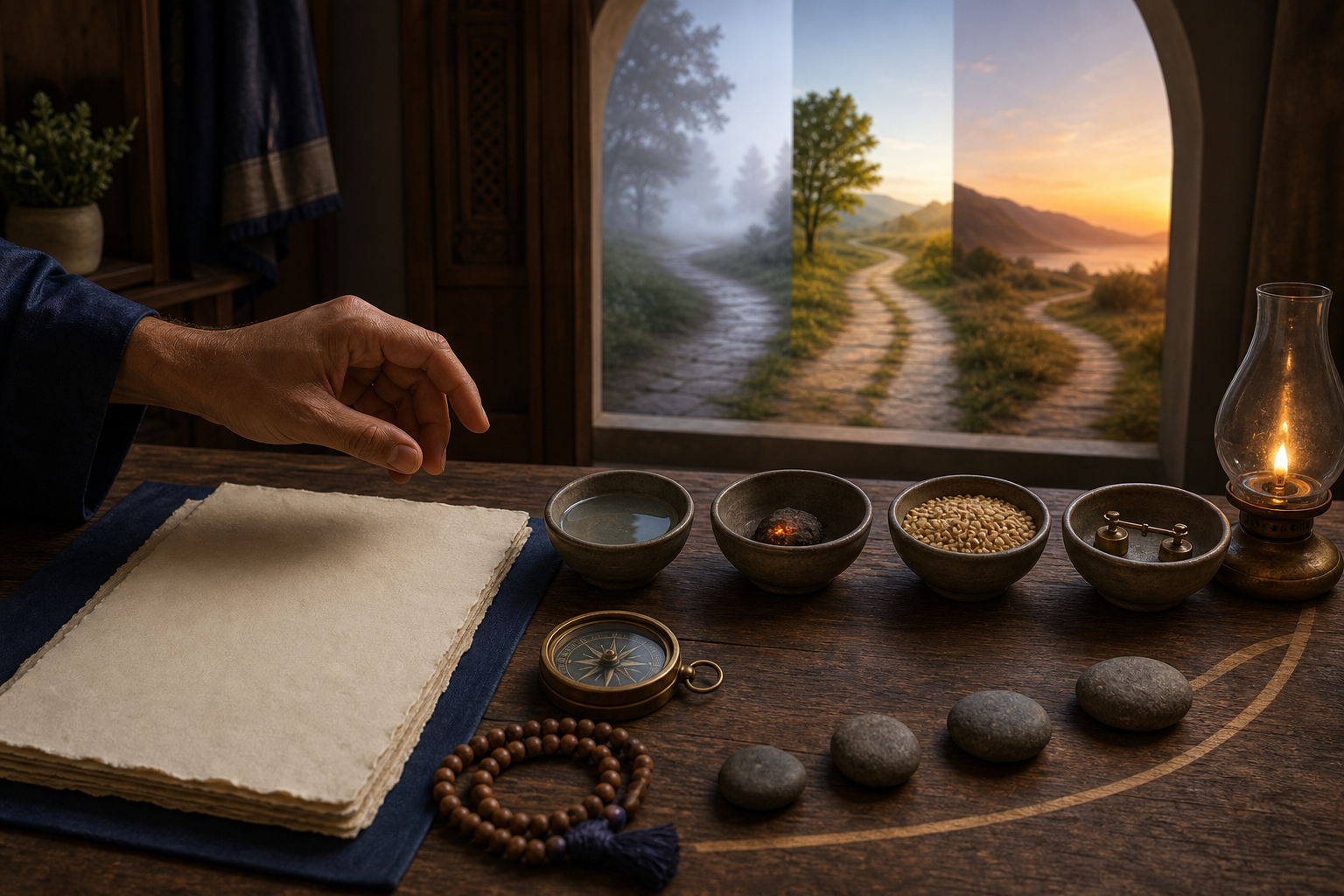 A hand considers a blank folio, compass, lamp, prayer beads, four symbolic bowls, and stones arranged on a wooden table at dawn.