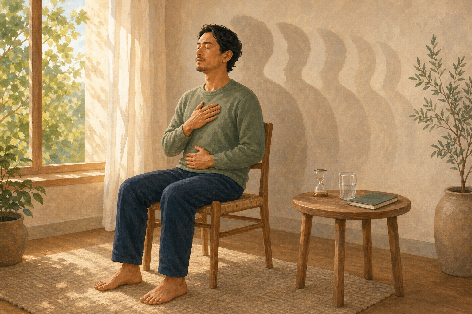 A seated person grounds themselves with both feet on the floor and hands on the chest and abdomen beside an unmarked sand timer and glass of water.