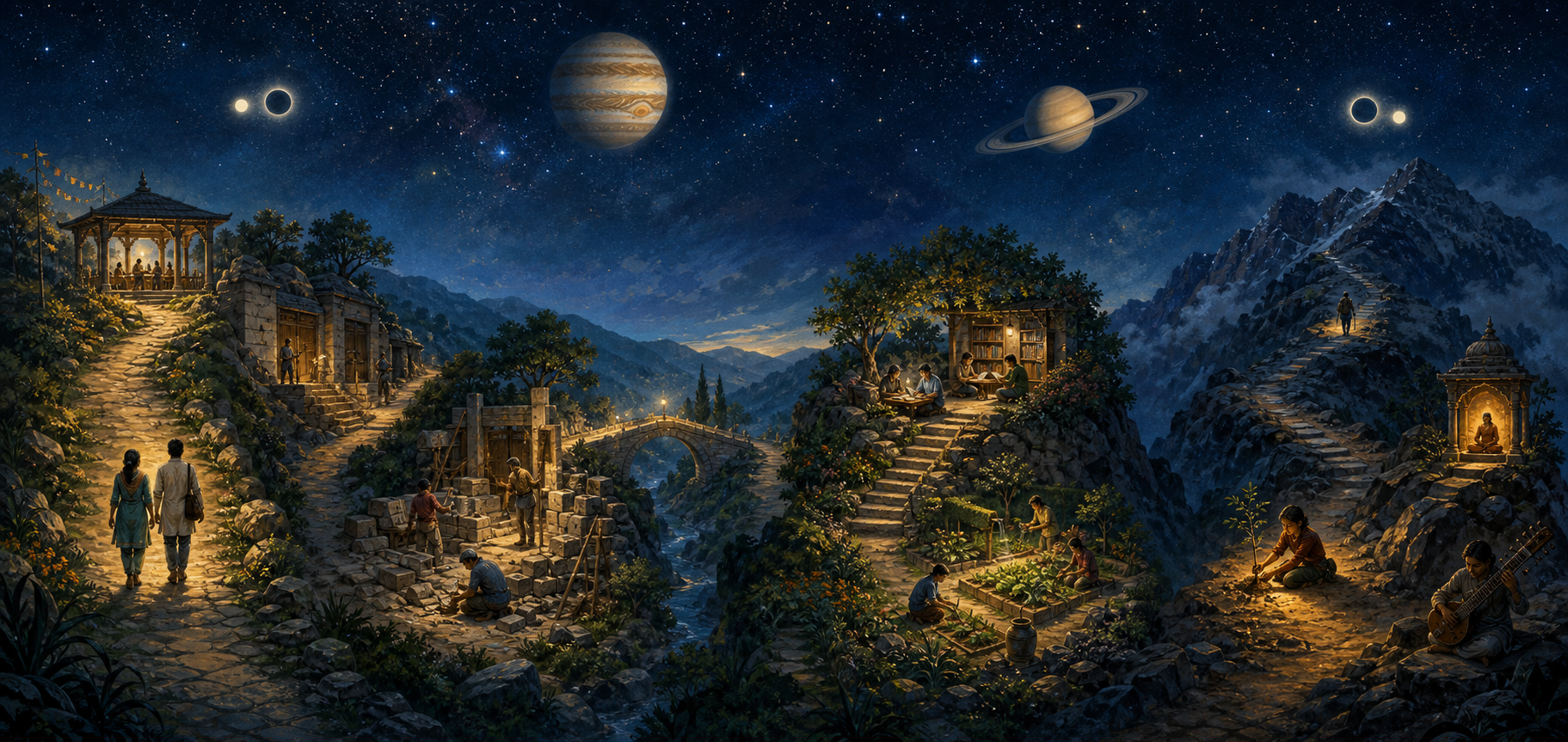 Four different paths unfold beneath the same planetary sky, leading through partnership, repair, study, service, responsibility, and creative growth.