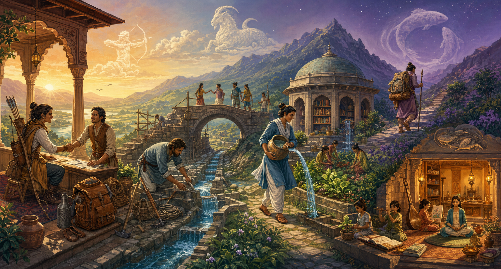 Four connected scenes show people forming partnerships, repairing systems, turning study into service, and balancing responsibility with learning and creativity.