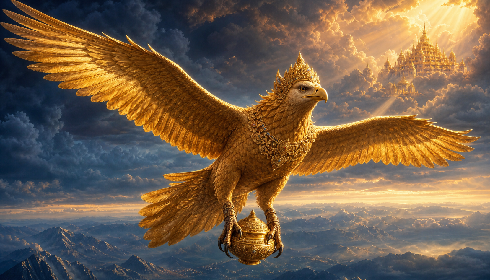 Radiant Garuda flies above mountains and storm clouds carrying a covered vessel of amrit without drinking from it.