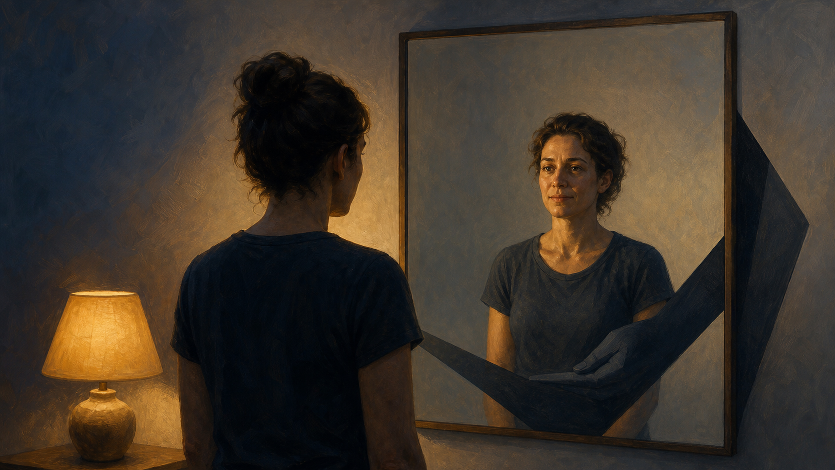 A person looks steadily at their own reflection as an angular dark shadow changes into a smooth supportive shape around the mirror.
