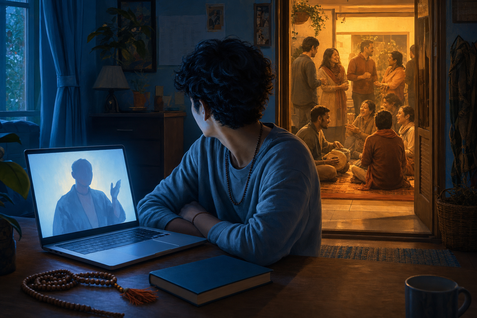 A young devotee watches a devotional discussion on a laptop while a warmly lit community gathering is visible through an open doorway.