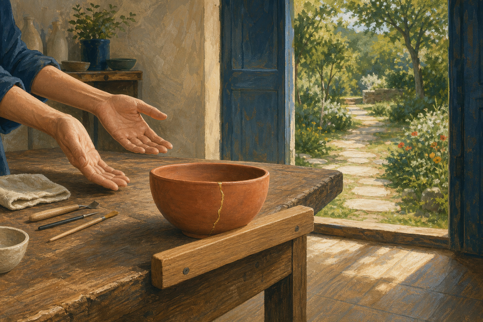 A repaired clay bowl rests behind a protective wooden ledge as open hands release the tools beside a doorway to a sunlit garden.