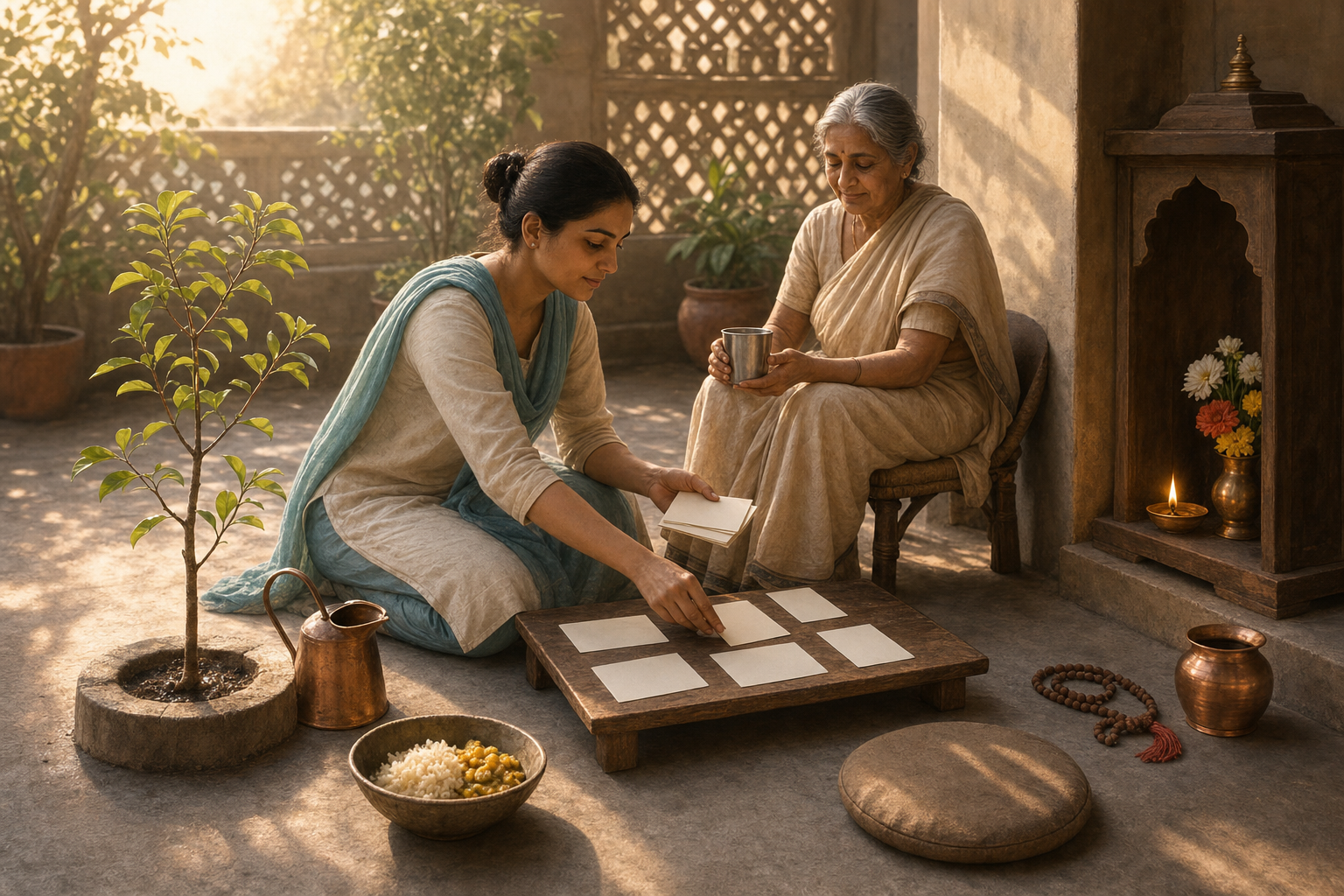 A person in a dawn courtyard combines daily planning, food donation, elder care, tree watering, prayer beads, an oil lamp, and meditation.