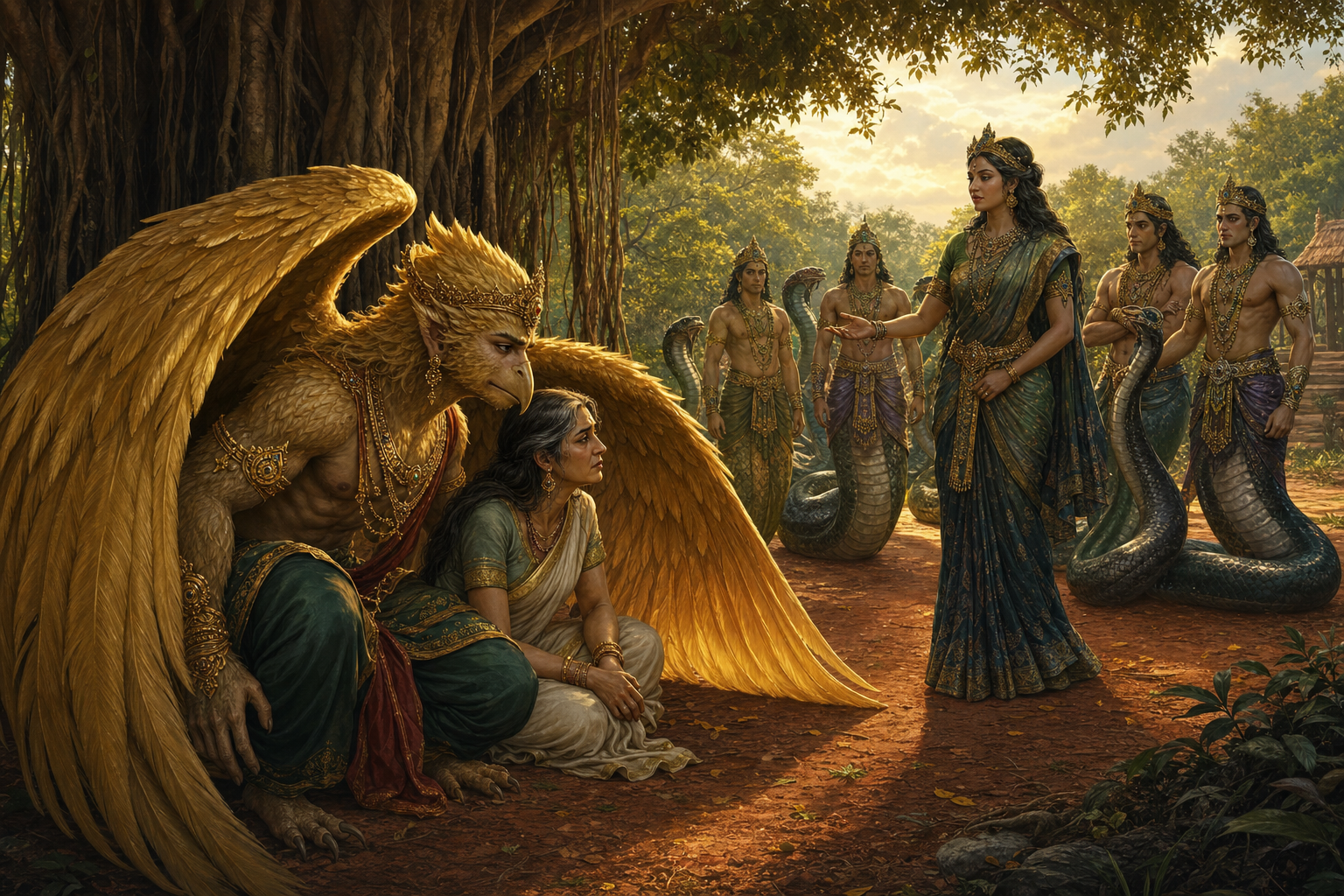 Garuda listens protectively beside his mother Vinata while Kadru and several nagas stand in the background.