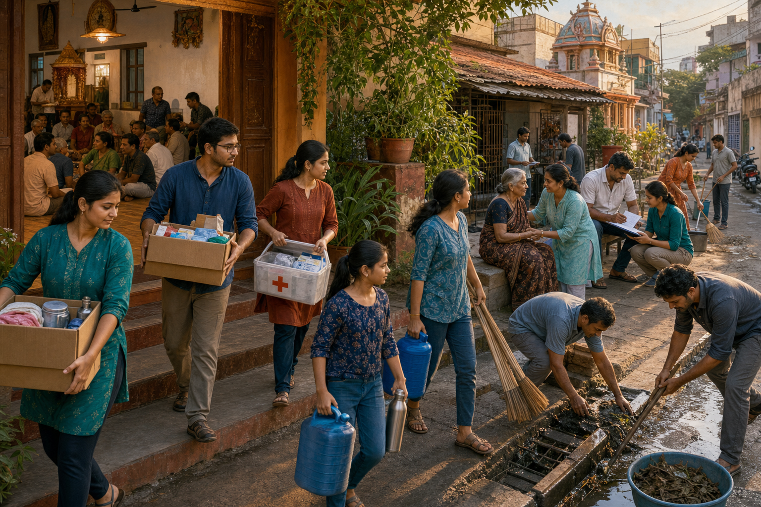 Community volunteers leave a neighbourhood hall and work in teams to deliver supplies, clear a drain, assist an older resident and check information on a phone.