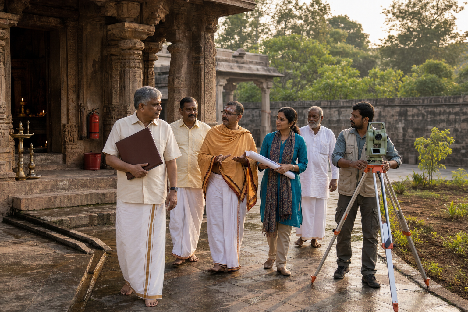 Temple trustees, a priest, a conservation architect, and a surveyor inspect a historic temple courtyard and its boundary at dawn.
