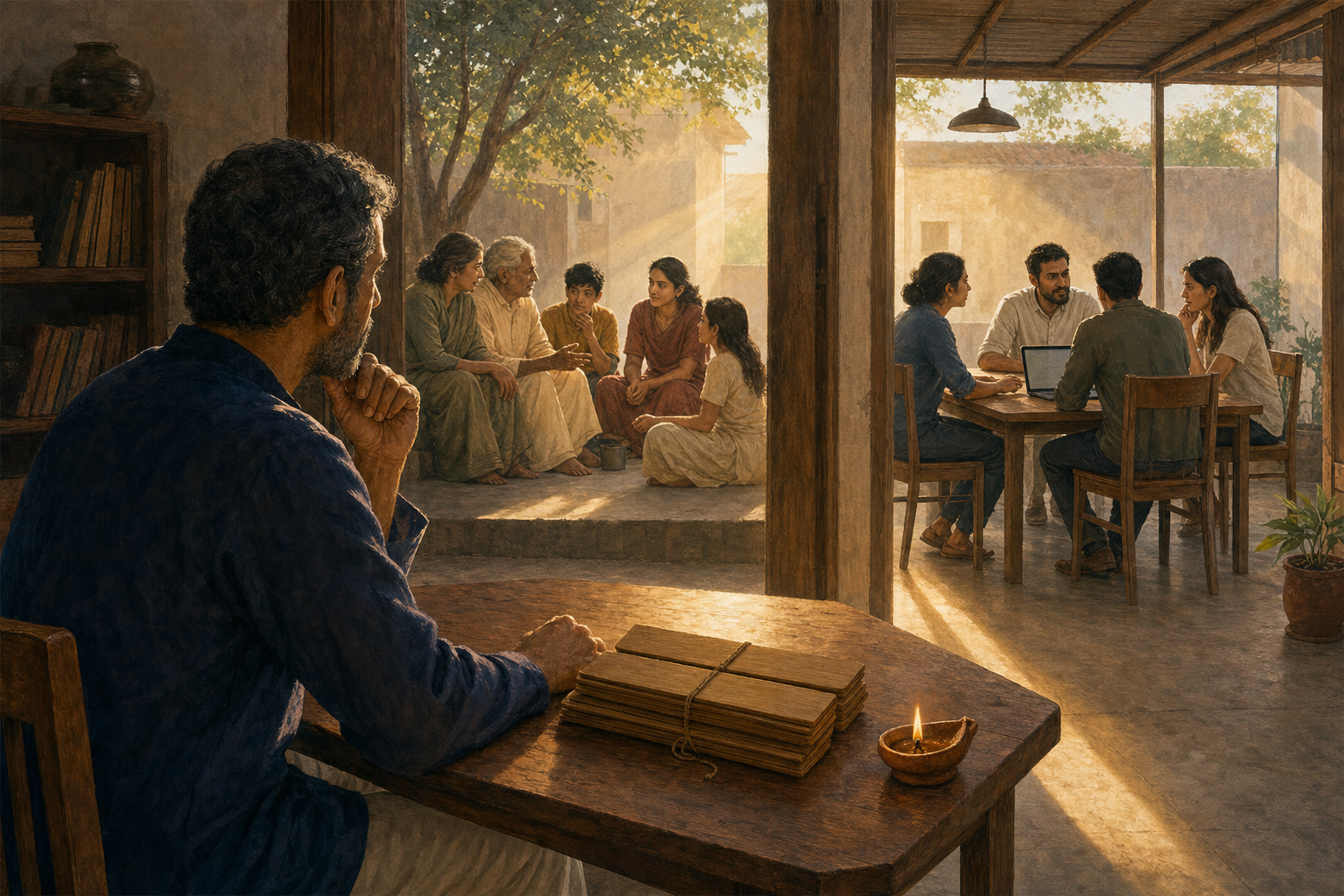 A reader at a wooden table looks through an open doorway toward a family discussion and a workplace meeting connected by warm light.