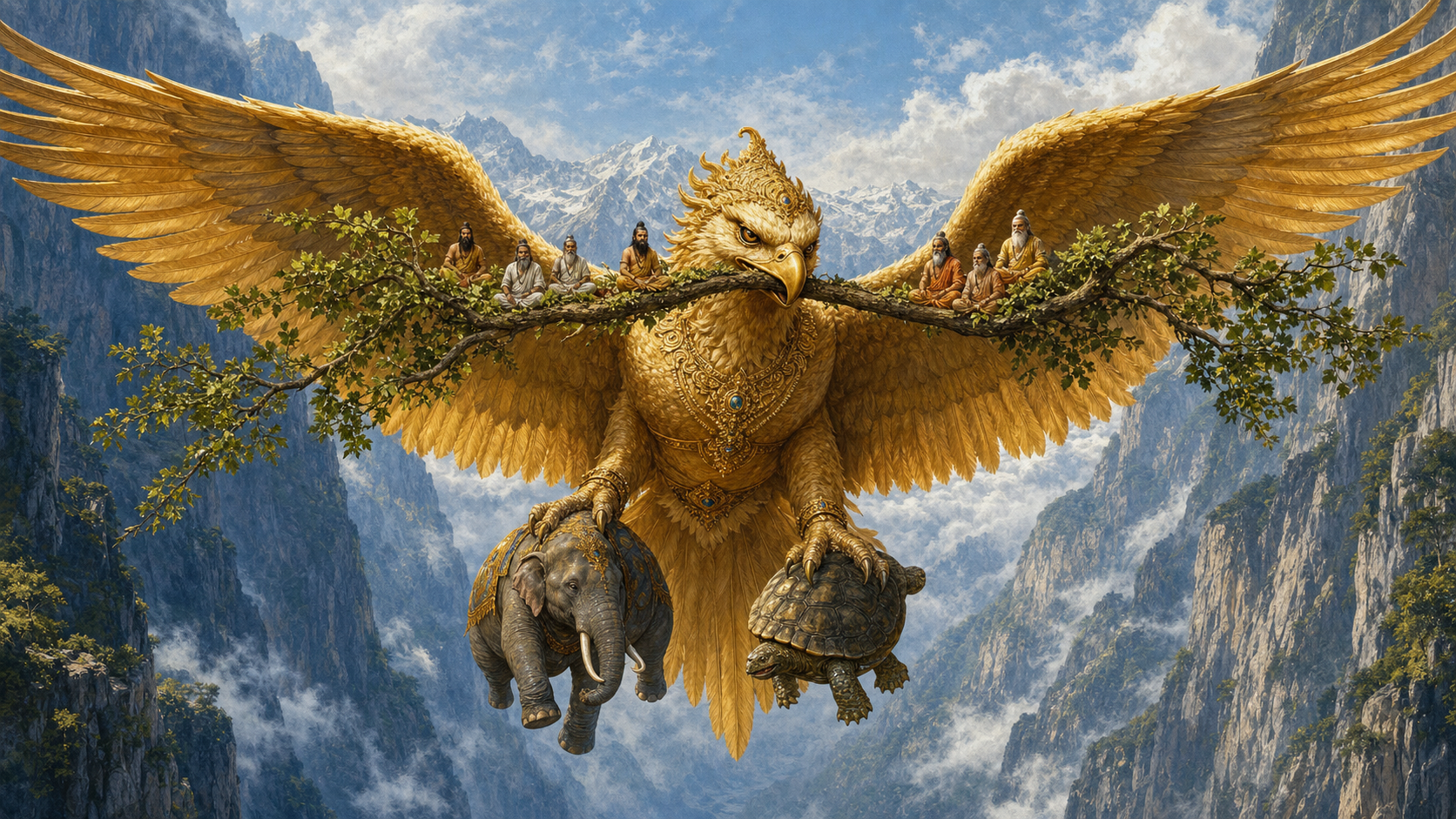 Garuda carries a huge branch bearing tiny sages while holding an elephant and a tortoise above a mountain gorge.