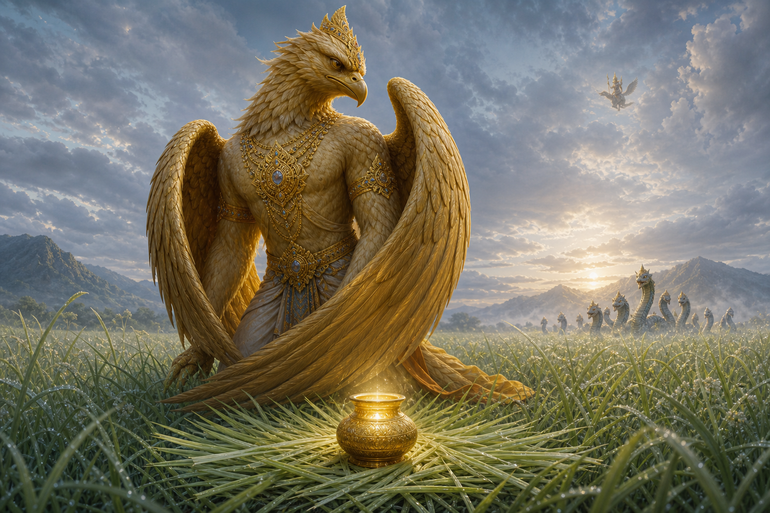Garuda turns away after placing the vessel of amrit on kusa grass as nagas approach and Indra watches from the sky.