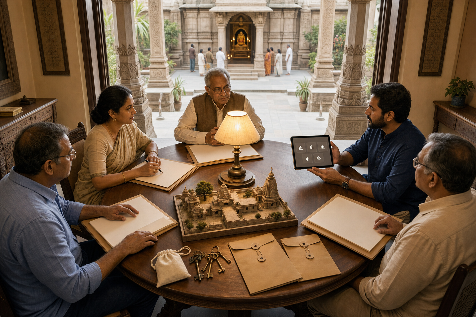 Trustees and specialists meet around a table with document folders, keys, a tablet, and a model of a temple complex.