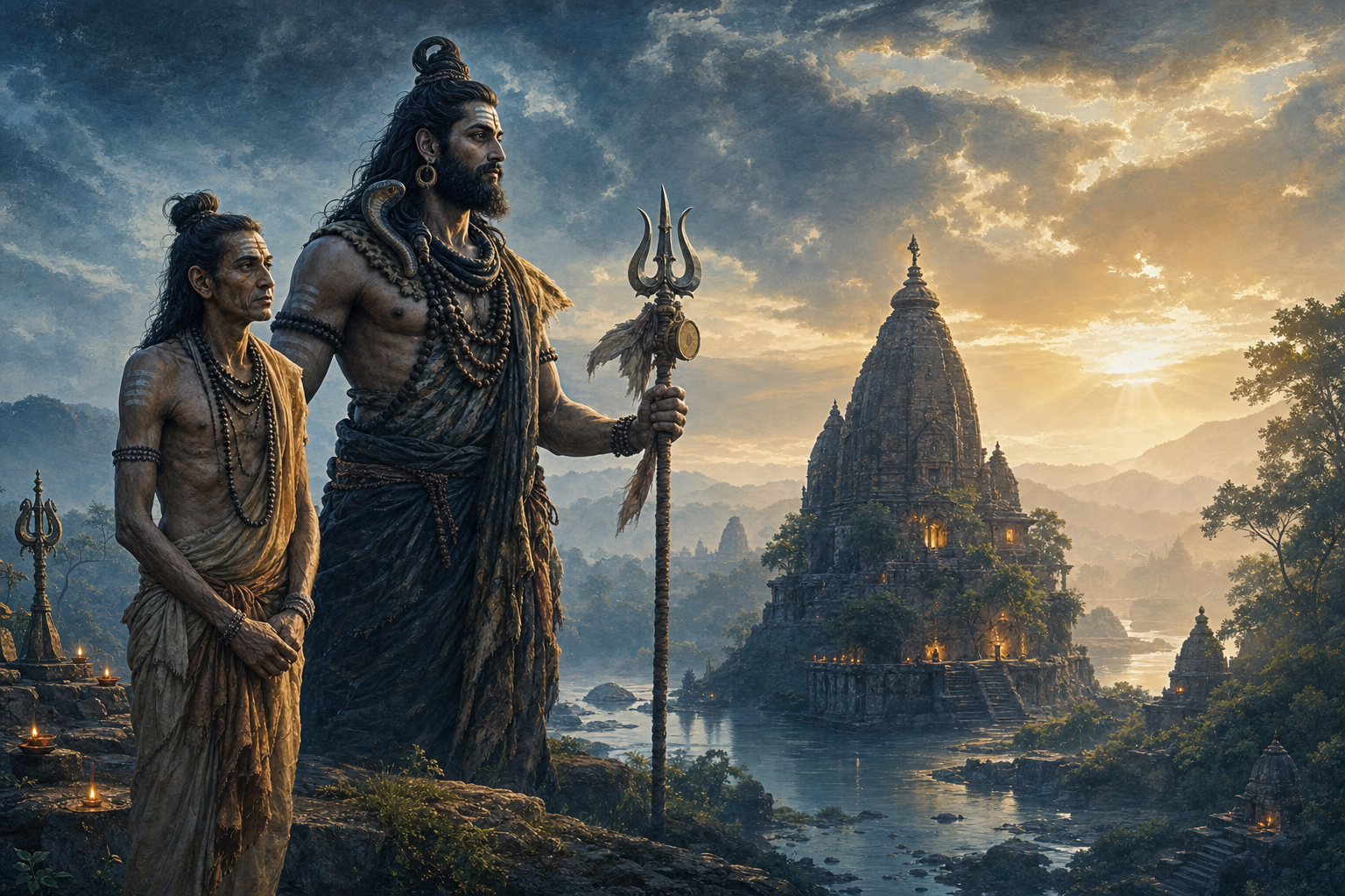 Betal in a gaunt human form stands beside Bhairava in a misty sacred landscape of ancient Kamarupa.