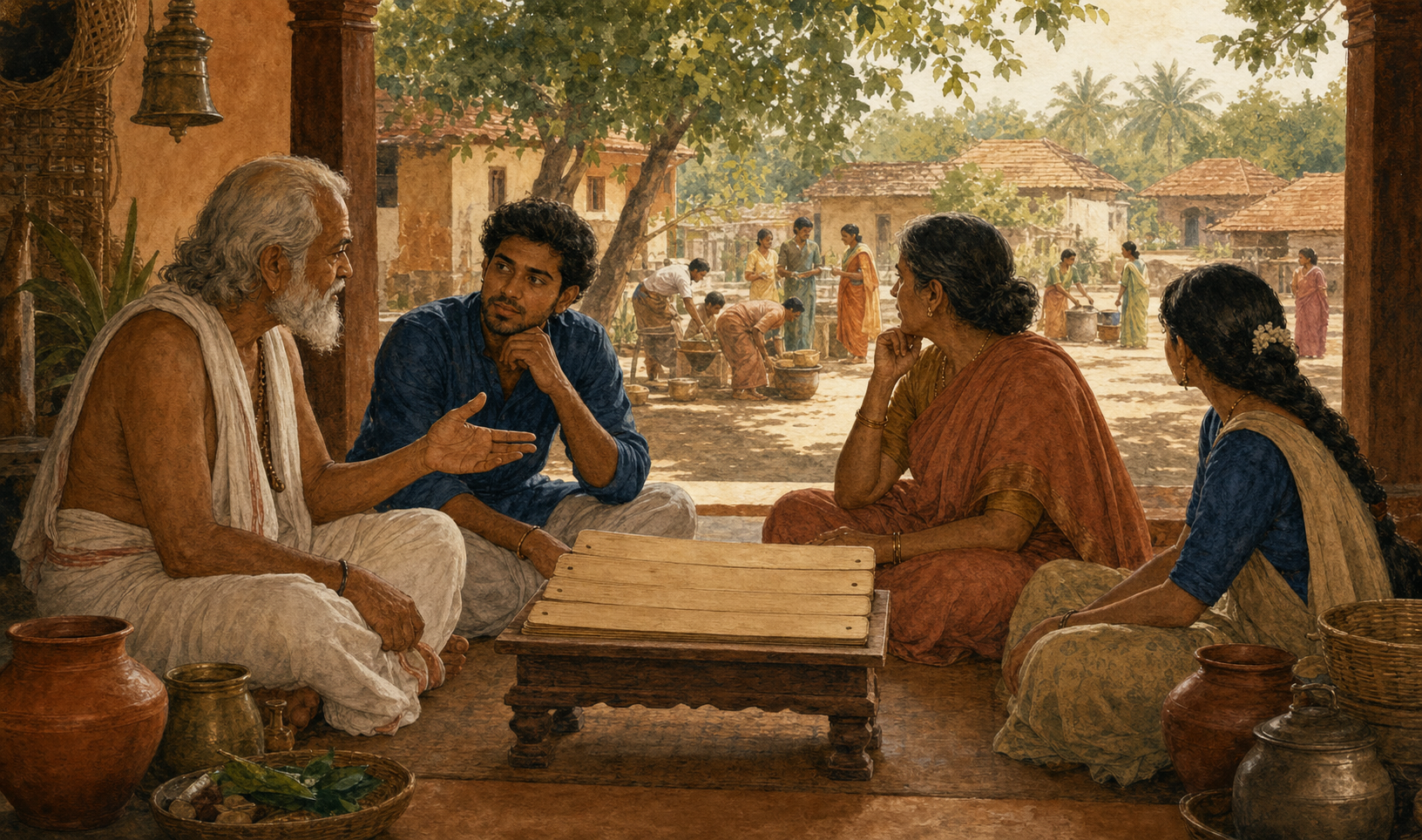 Four generations study an unmarked palm-leaf manuscript on a veranda while people carry out daily work in the courtyard behind them.