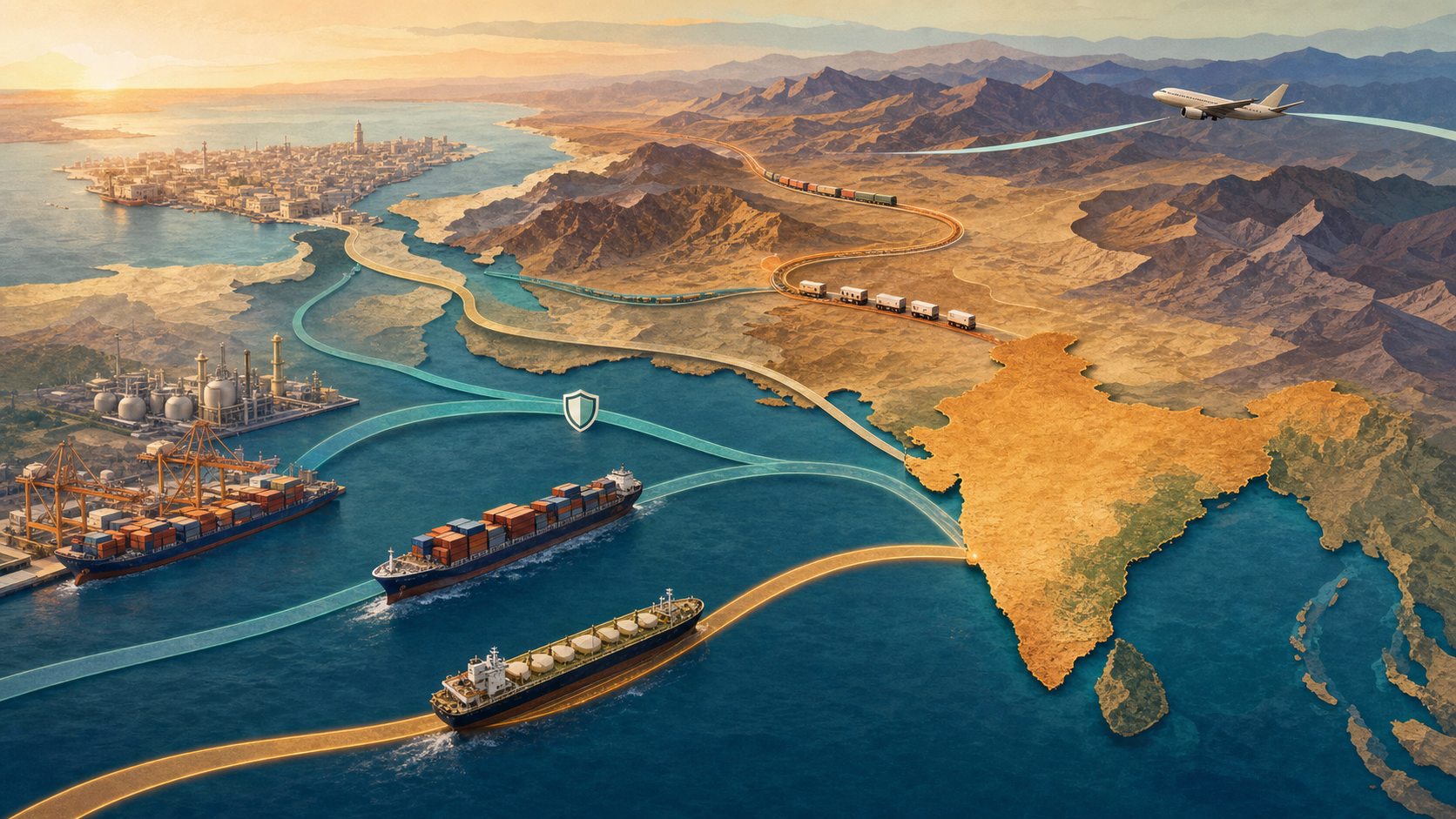 Editorial illustration of India and West Asia across the Arabian Sea, connected by several routes carrying ships, energy supplies, cargo, passengers, security cooperation, and humanitarian aid.
