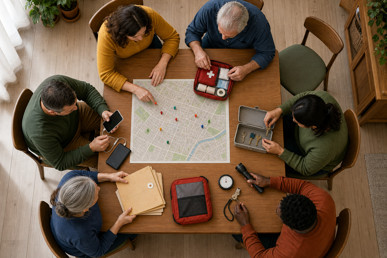 Six volunteers organize a map, emergency supplies, document folders, keys and communication tools around a community-room table.