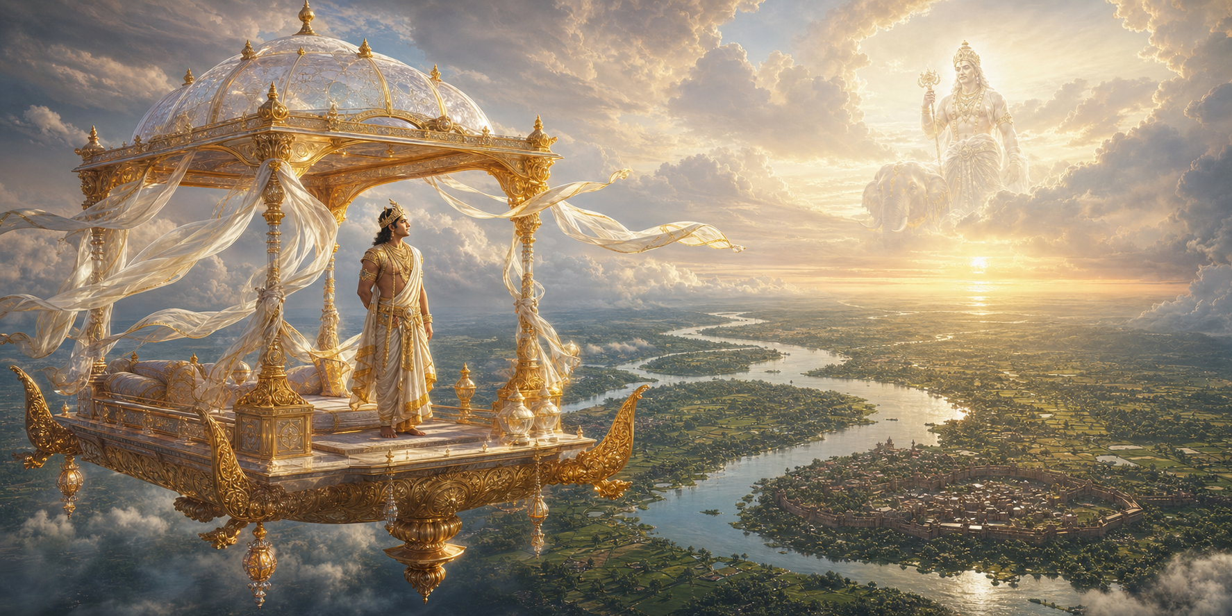 Uparichara Vasu stands in a radiant pavilion-like celestial vehicle above rivers, forests, and settlements as Indra appears among the clouds.