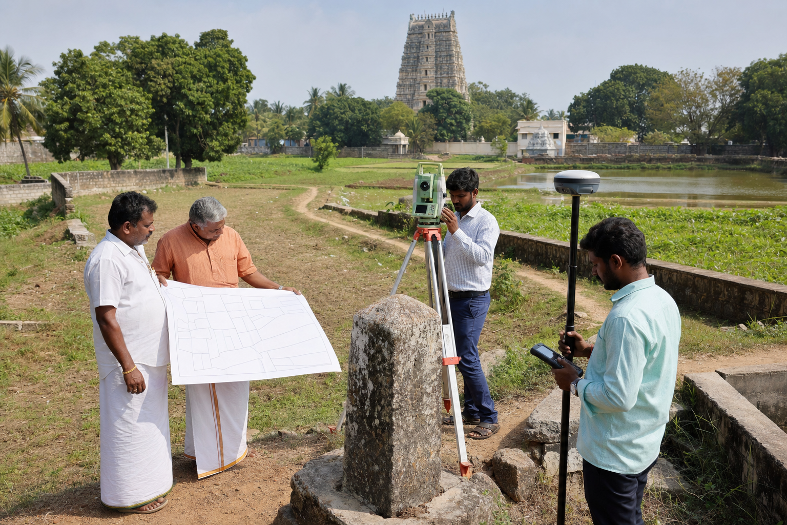 Surveyors and temple representatives measure land beside an old boundary marker, with fields and a temple visible in the distance.