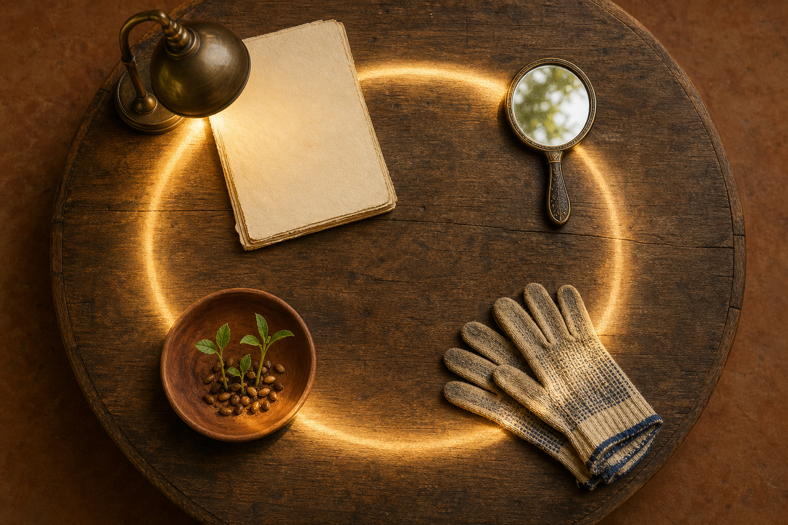 An overhead still life places an unmarked folio, a mirror, work gloves, and sprouting seeds in a circle of sunlight.