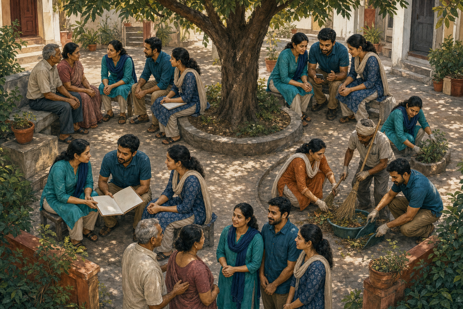 A volunteer team moves through connected courtyard scenes of listening, verifying information, planning, completing a service task and following up with residents.