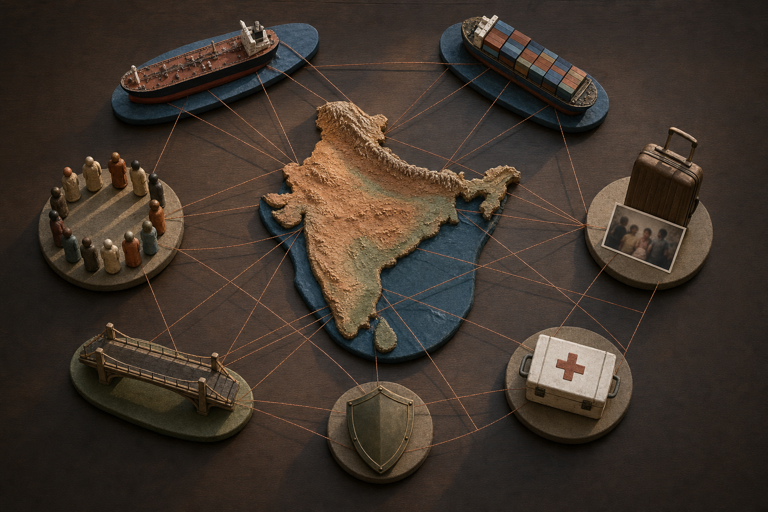 Overhead arrangement of a relief model of India connected to objects representing energy, trade, overseas families, humanitarian relief, security, transport links, and social cohesion.